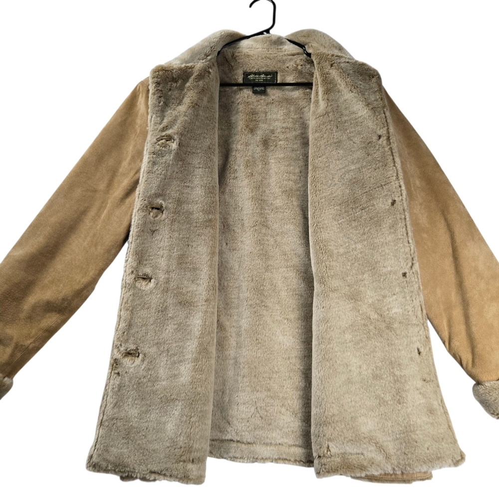 Eddie Bauer Genuine Leather Tan Jacket Button Front Y2K Faux Shearling Lined XL - Picture 9 of 15